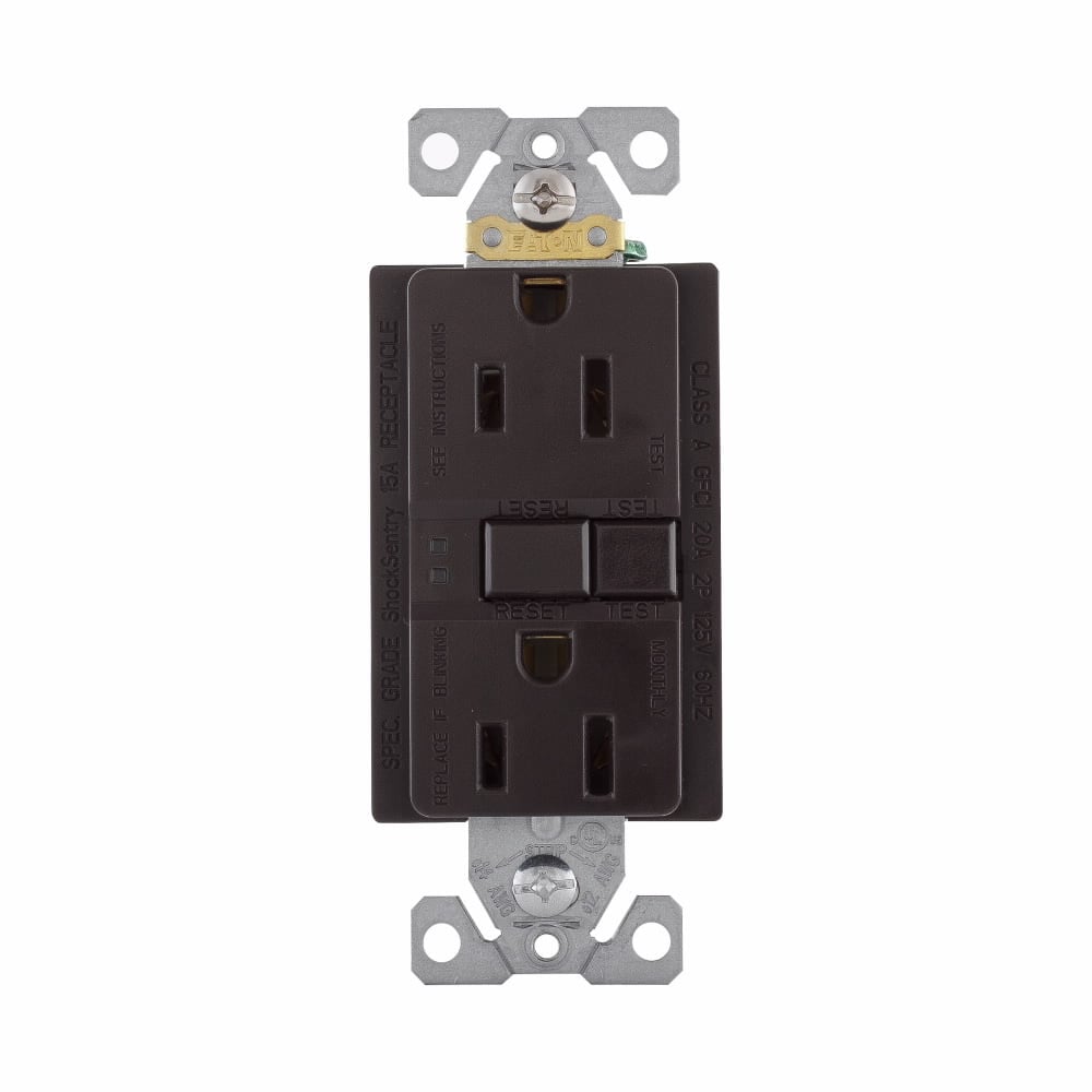 Eaton GFCI receptacle,Self-test,#14 - 10 AWG,15A,Residential,Commercial,Flush,125 V,GFCI,Back and side wire,Brown,Brass,Receptacle,Polycarbonate,5-15R,Two-pole,Three-wire,Two-pole, three-wire, grounding