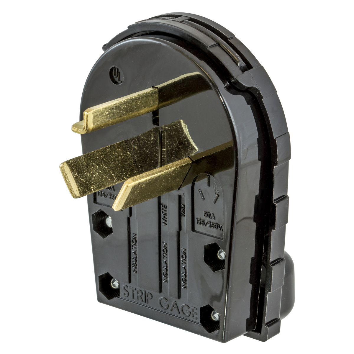 RR335P 1-Phase Angled Grounding Male Polarized Cord Mount Straight Blade Plug, 125/250 V AC, 30/50 A, 3 Poles, 3 Wires, Black