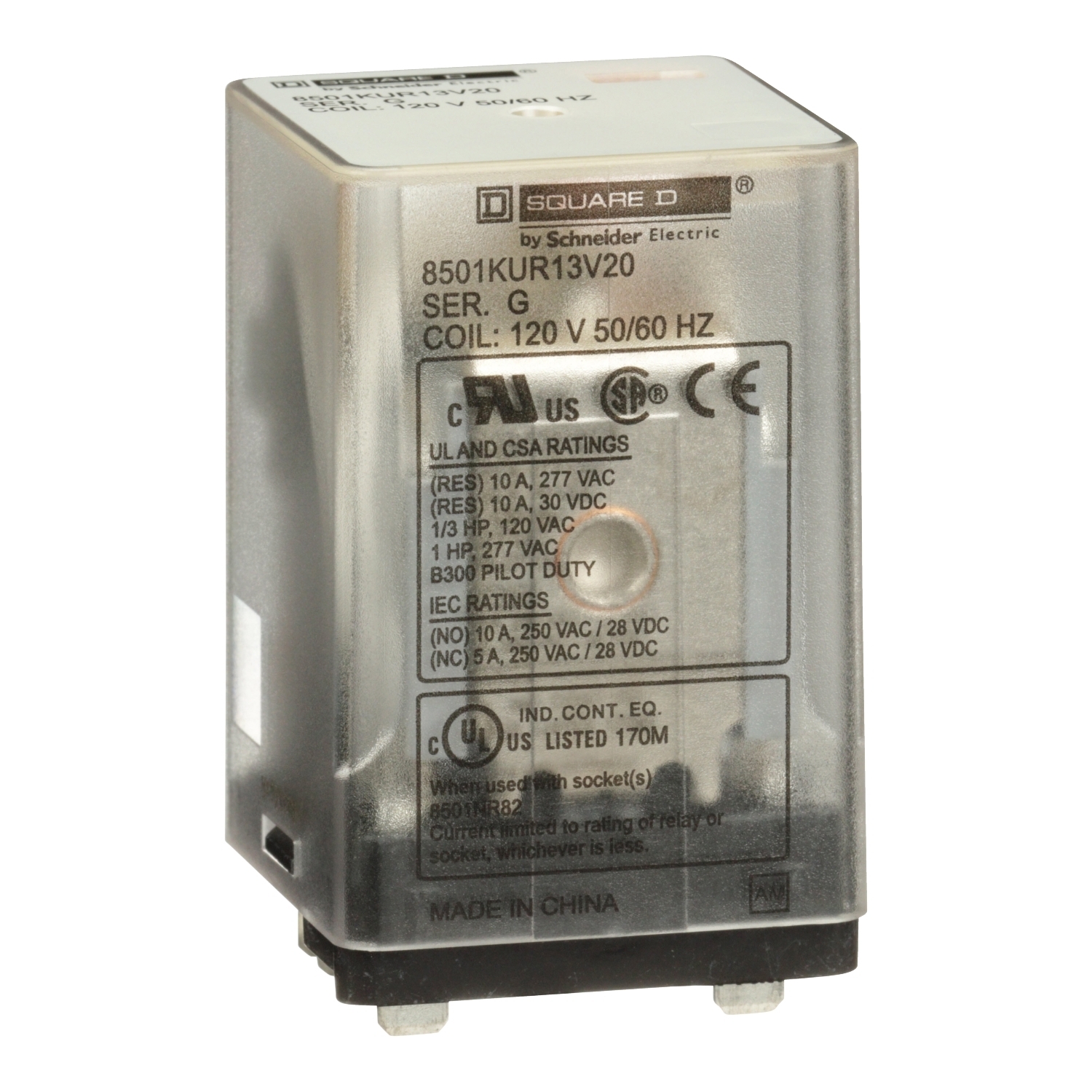 8501KUR13V20 Type KU Plug-In Relay, 6.6 A, 3 Form C 3PDT Contact, 300 V AC, 30 V DC V Coil