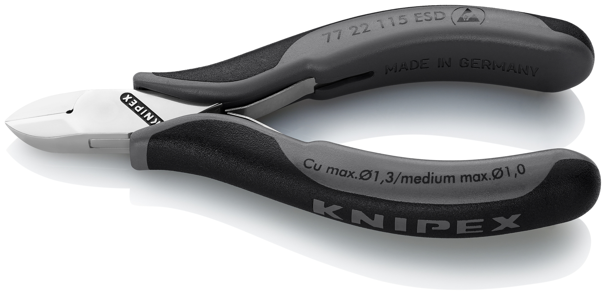 Electronics Diagonal Cutters-ESD Handles, 4 1/2 in., Multi-component, Polished, Flush Cut, Oval Head, Up to 3/64 in. Medium Wire