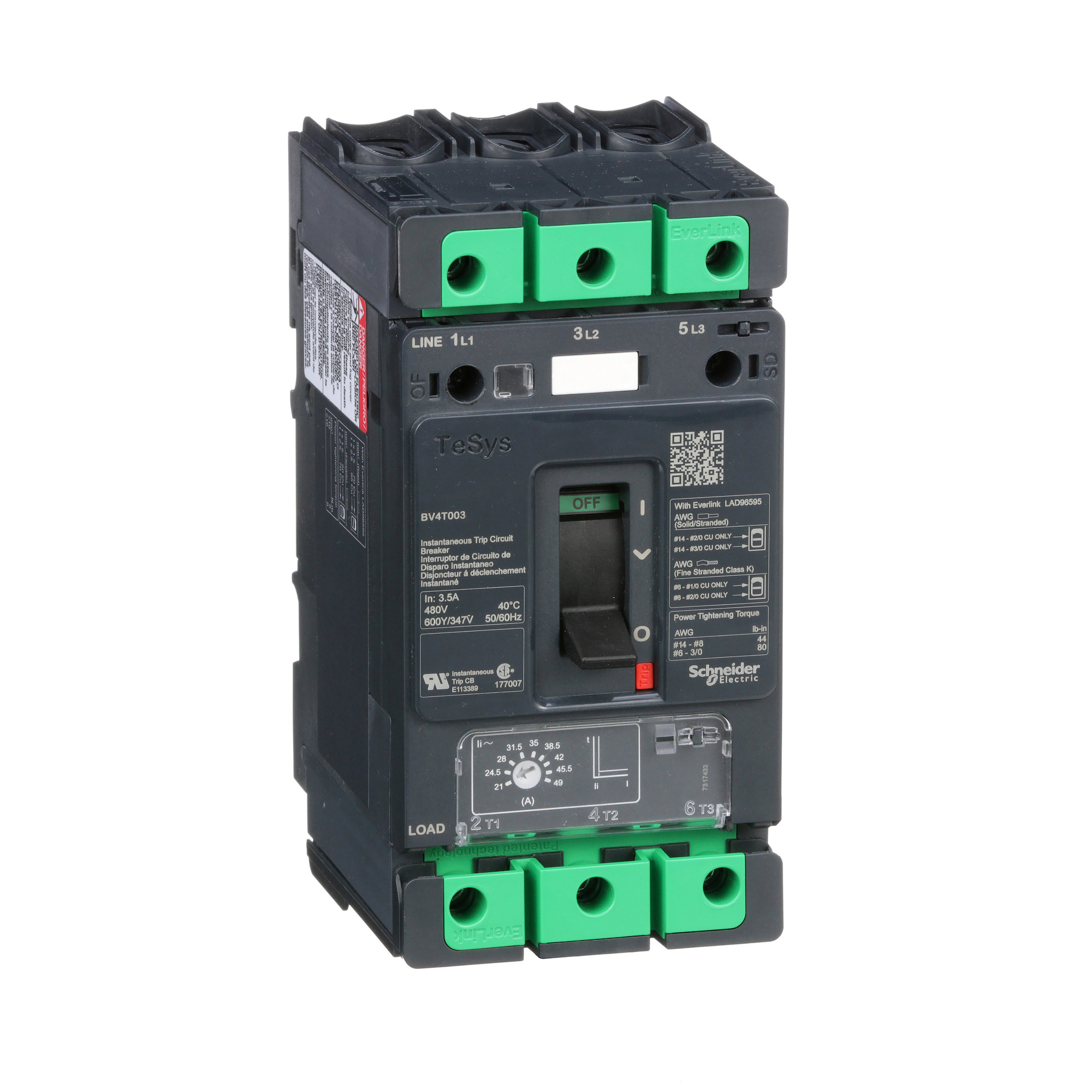 BV4T003D Motor Circuit Protector, 600Y/347 V AC, 3.5 A, 100 kA Interrupt, 3 Poles, Magnetic Trip