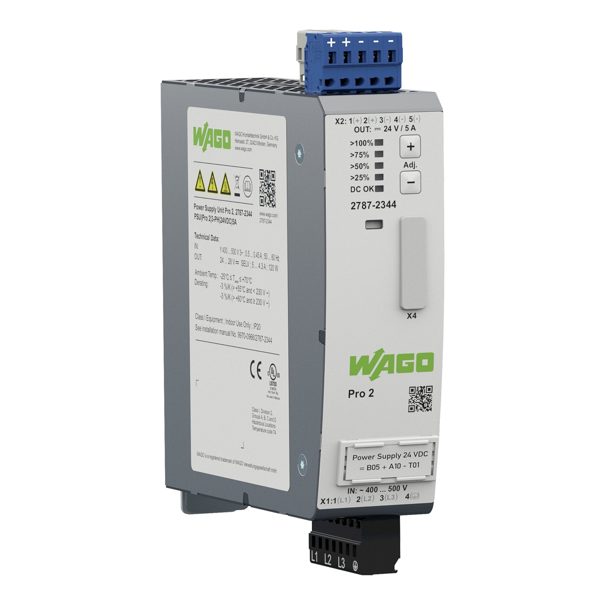 2787-2344 Power Supply, 400 to 500 V Input, 24 V DC Output, 120 W Power Rating, 0.4 A, DIN Rail Mounting