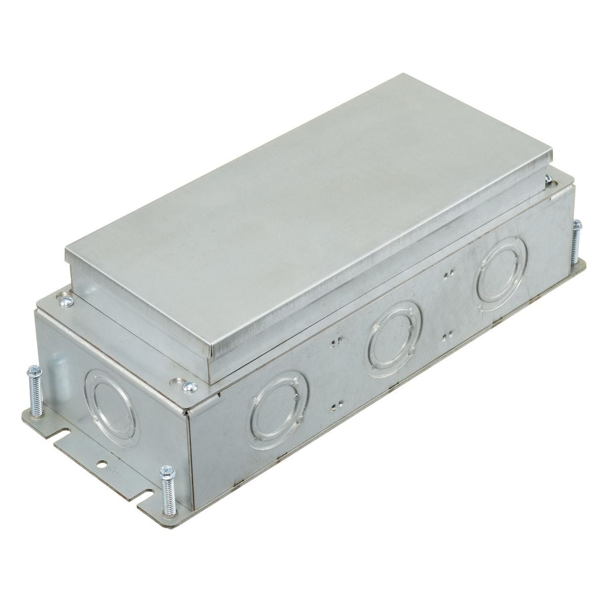 FB2433 Concrete Flush Floor Box, Stamped Steel/PVC, 50.8 cu-in Capacity, 3 Gangs, (14) Knockouts, 3.73 in H x 4.81 in W x 12.5 in L