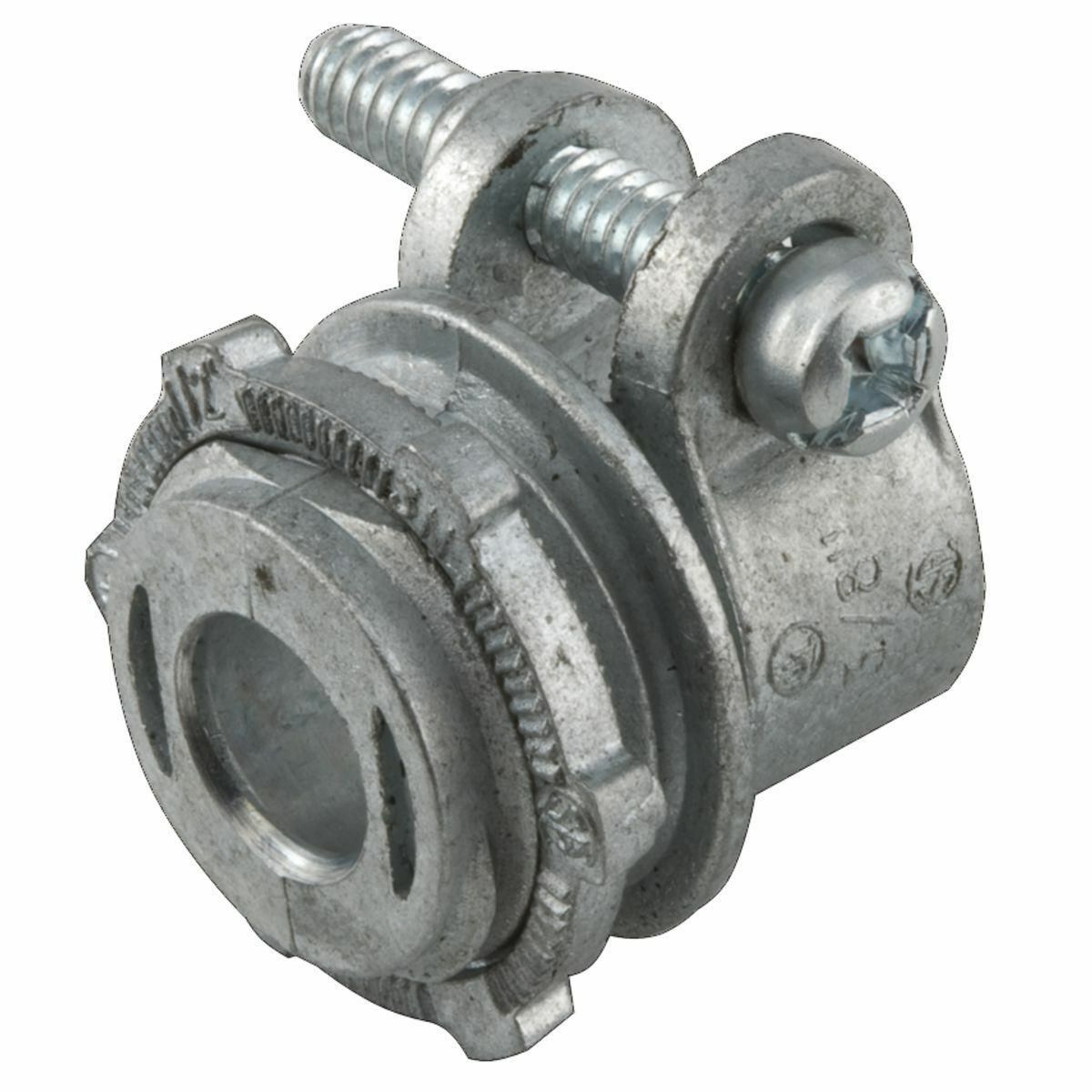 2192 Non-Insulated Straight Squeeze Conduit Connector, 1/2 in Trade, 5/8 in Cable Openings, For Use With FMC, Die Cast Zinc