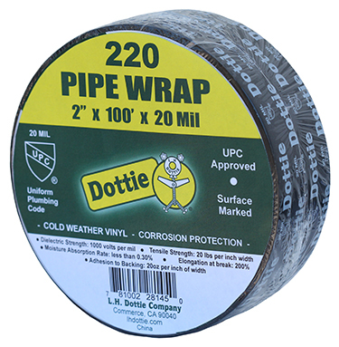 220 Pipe Adhesive Wrap, 100 ft L x 2 in W, 20 mil THK, PVC Adhesive, Rubber Resin Backing, Matte Black