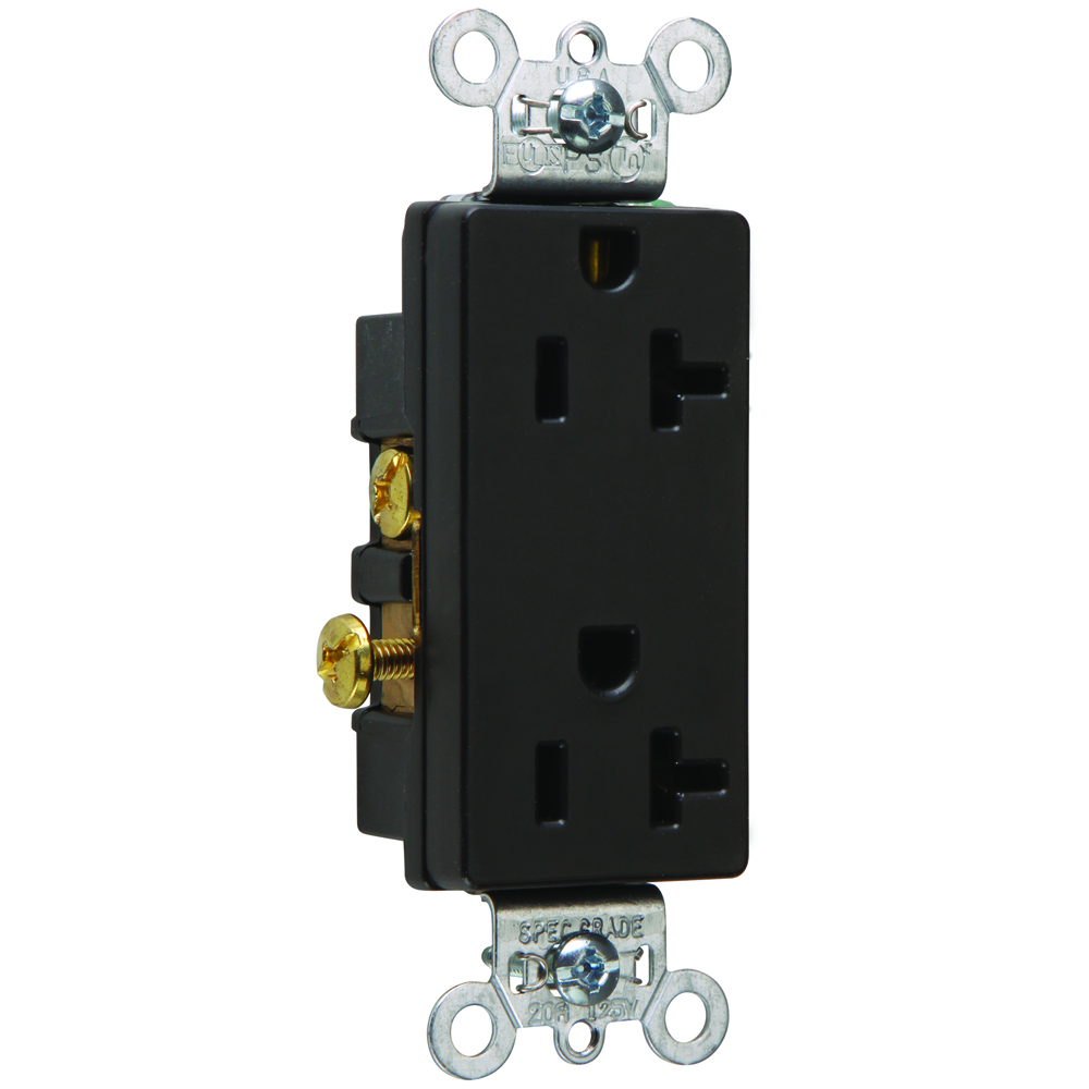 26342BK 20 Amp 125V  Decorator Duplex Receptacle, Back and Side Wire, Black