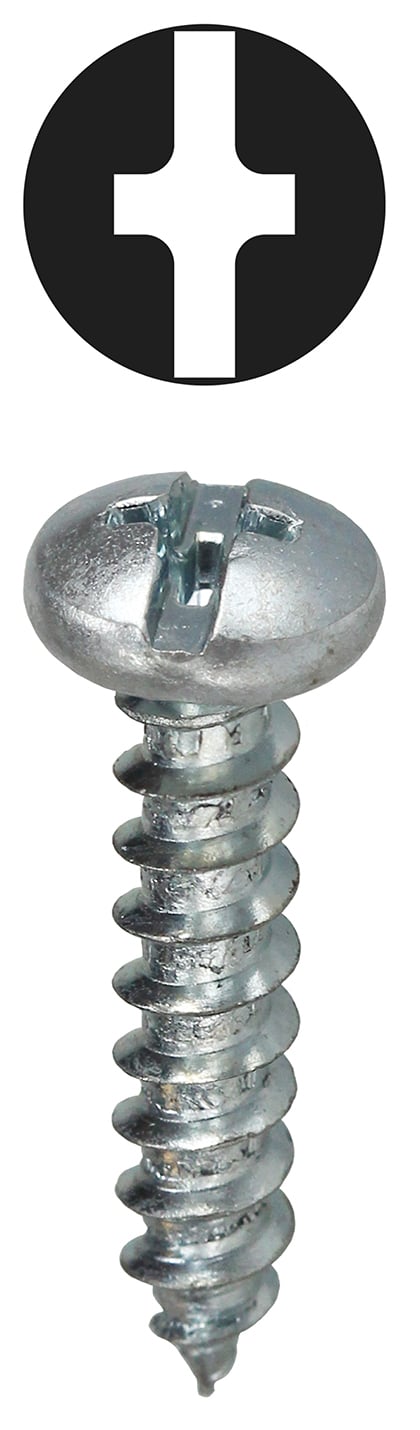 2WS61 2-Way Combination Sheet Metal Screw, #6, 1 in OAL, Pan Head, Phillips/Slotted Drive, Steel, Zinc Plated