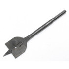 Spade Bit 1-1/2" Hole Diameter.  6-1/4" long with 1/4" hex shank.  Bore hardwood, softwood, plywood and drywall.  Forged and heat treated for long life.  For use in 1/4" (6.4 mm) or larger power drills.  Hole in top center of bit for wire pulling.