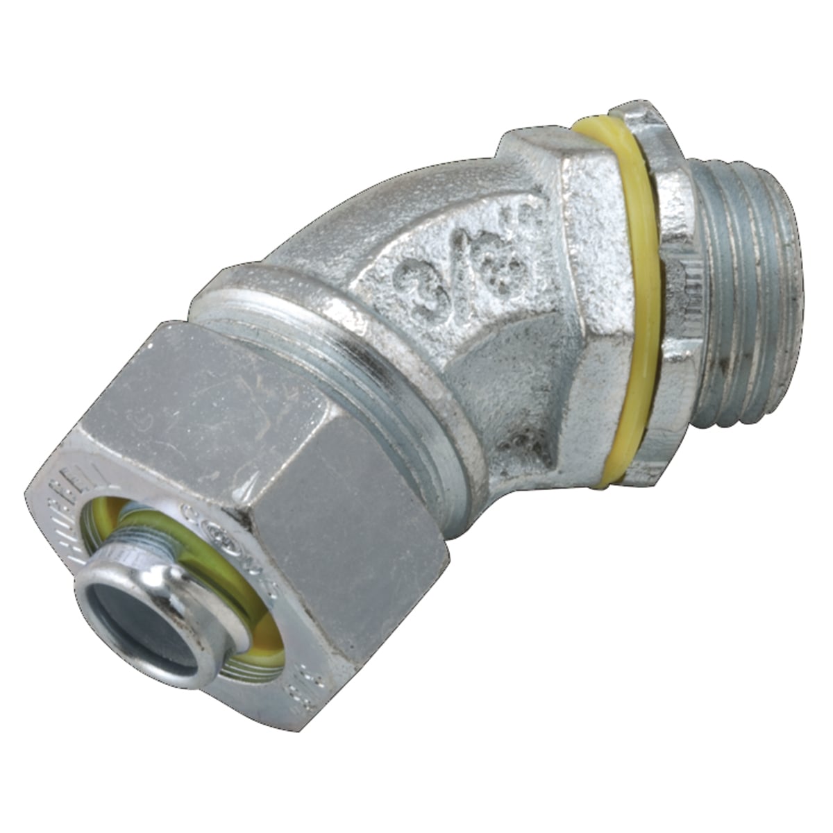 3441 Non-Insulated Conduit Connector, 3/8 in Trade, 45 deg, Malleable Iron/Steel, Electro-Plated Zinc
