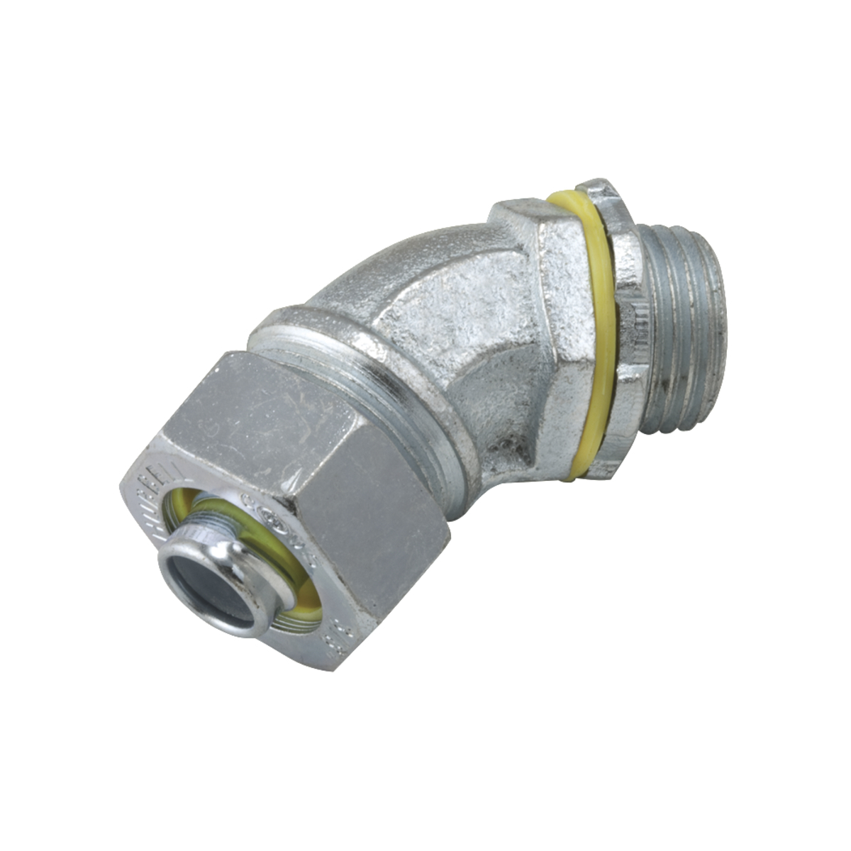 3442 Non-Insulated Conduit Connector, 1/2 in Trade, 45 deg, Malleable Iron/Steel, Electro-Plated Zinc