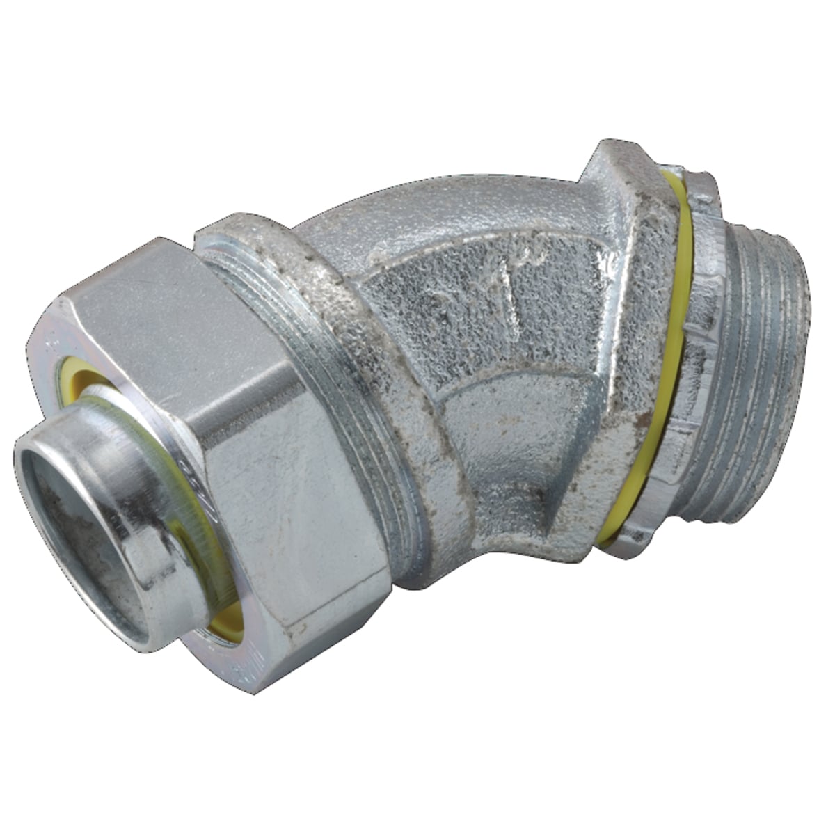 3444 Non-Insulated Conduit Connector, 1 in Trade, 45 deg, Malleable Iron/Steel, Electro-Plated Zinc