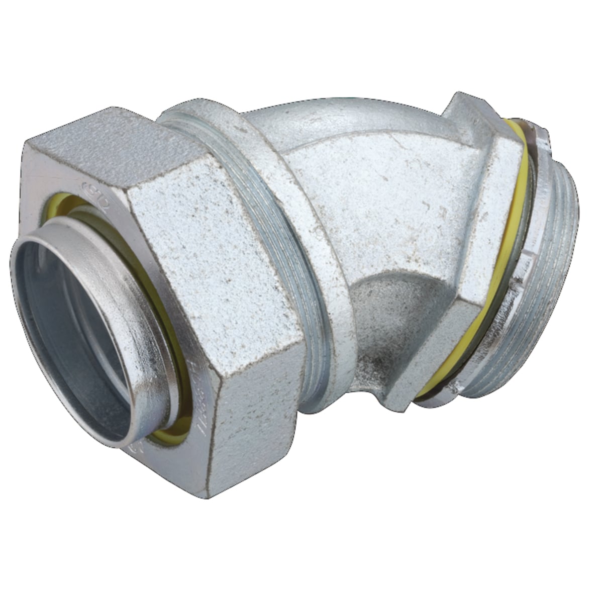 3448 Non-Insulated Conduit Connector, 2 in Trade, 45 deg, Malleable Iron/Steel, Electro-Plated Zinc