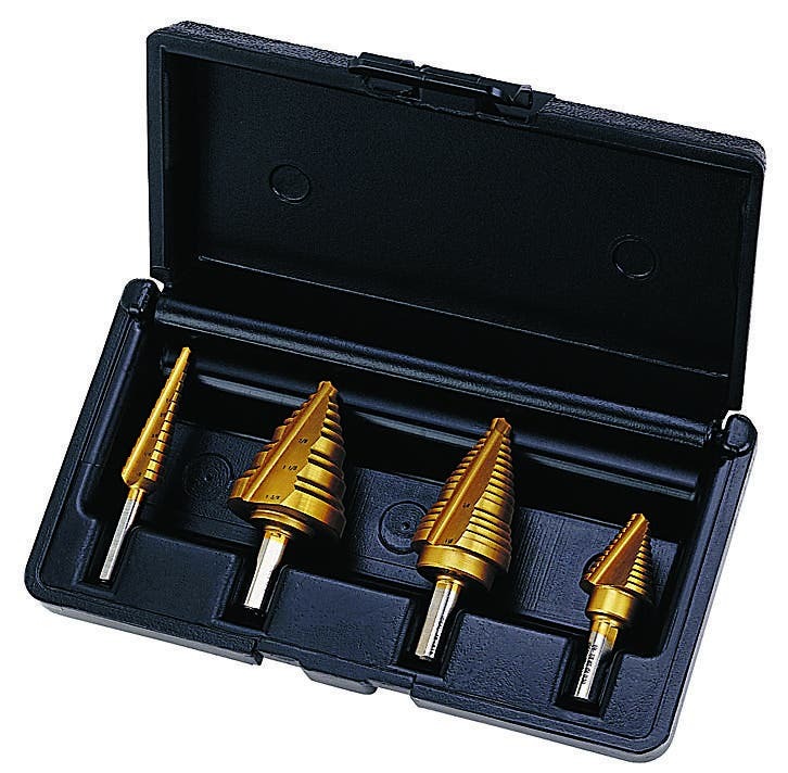 35-520 Electricians Step Bit Kit, 1/8 in Min Drill Bit, 1-3/8 in Max Drill Bit, 4 Pieces, Titanium Nitrate Coated