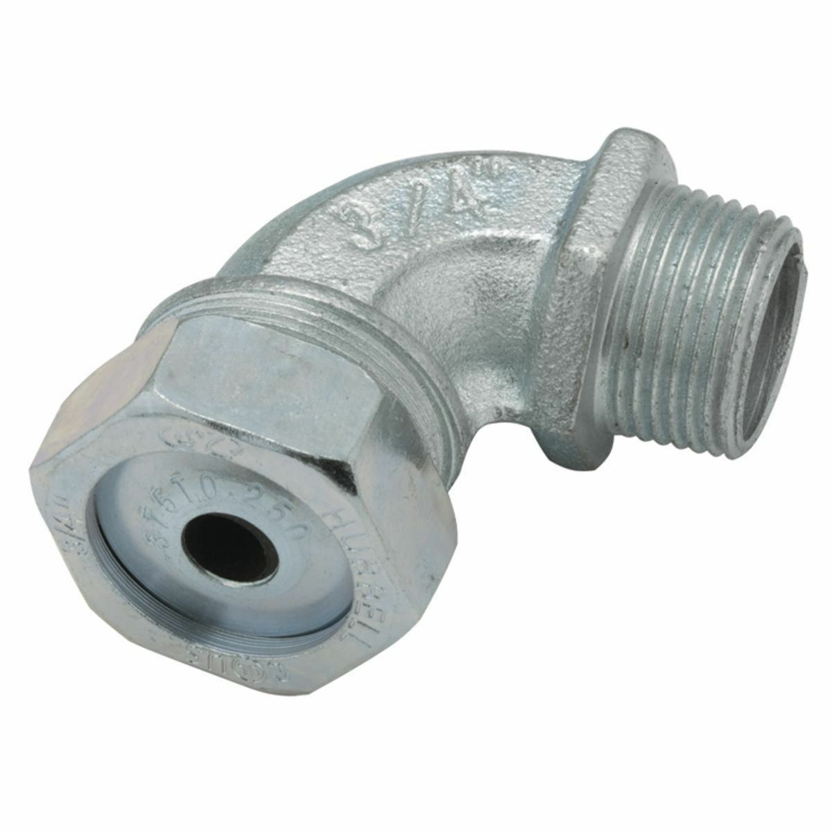 3793-4 Form 3 Liquidtight Strain Relief Angled Cord Connector, 3/4 in Trade, 0.6 to 0.65 in Cable Openings, Malleable Iron, Electro-Plated Zinc