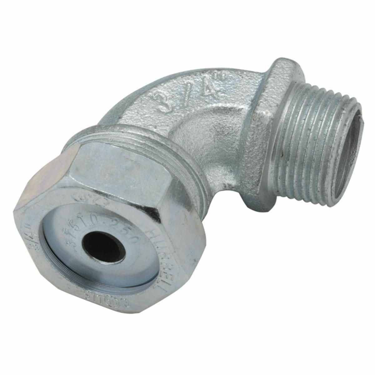3793-6 Form 3 Liquidtight Strain Relief Angled Cord Connector, 3/4 in Trade, 0.65 to 0.7 in Cable Openings, Malleable Iron, Electro-Plated Zinc