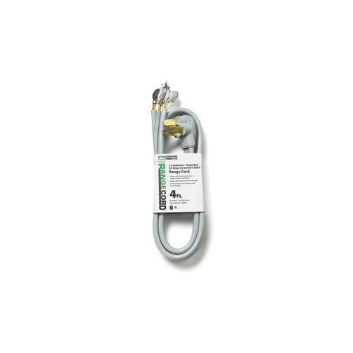 4ft SRDT Range Cord with Right Angle Plug, 6/2 and 8/1 AWG, 3 Conductors, 50 Amp, Gray