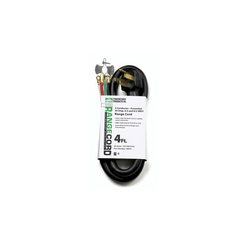 4ft SRDT Range Cord with Right Angle Plug, 6/2 and 8/2 AWG, 4 Conductors, 50 Amp, Black