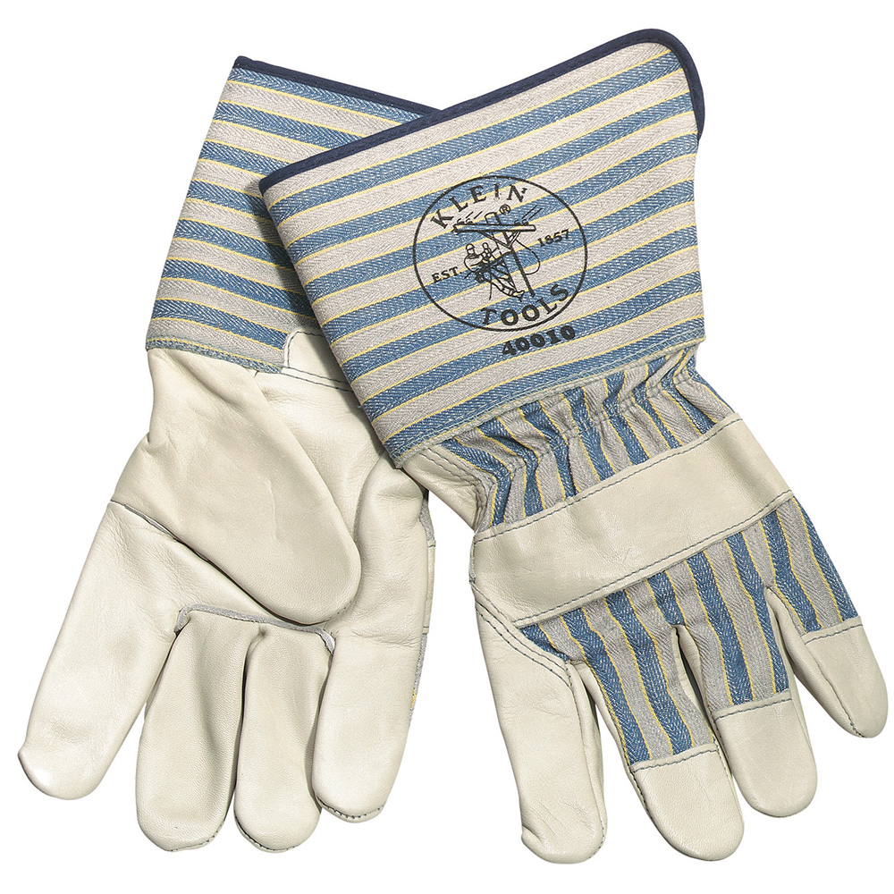 40010 Gloves, Work, Gunn Cut/Wing Thumb Style, Cowhide Leather, Light Gray, Gauntlet Cuff, Bright Coating