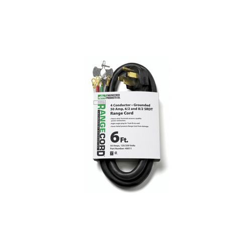 6ft SRDT Range Cord with Right Angle Plug, 6/2 and 8/2 AWG, 4 Conductors, 50 Amp, Black