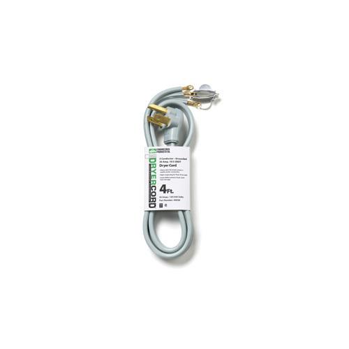4ft SRDT Dryer Cord with Right Angle Plug, 10/3 AWG, 3 Conductors, 30 Amp, Gray