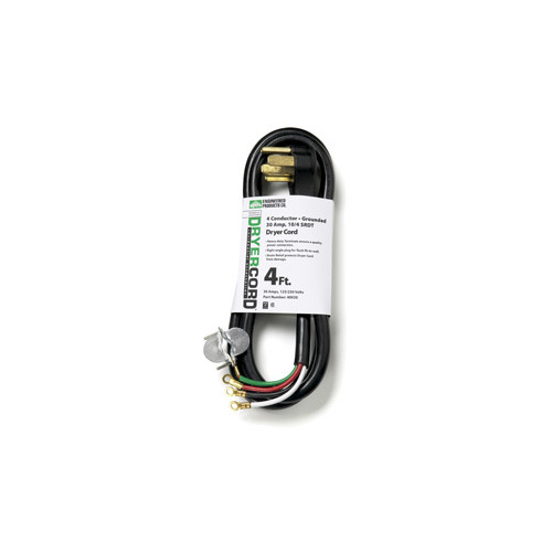 4ft SRDT Dryer Cord with Right Angle Plug, 10/4 AWG, 4 Conductors, 30 Amp, Black