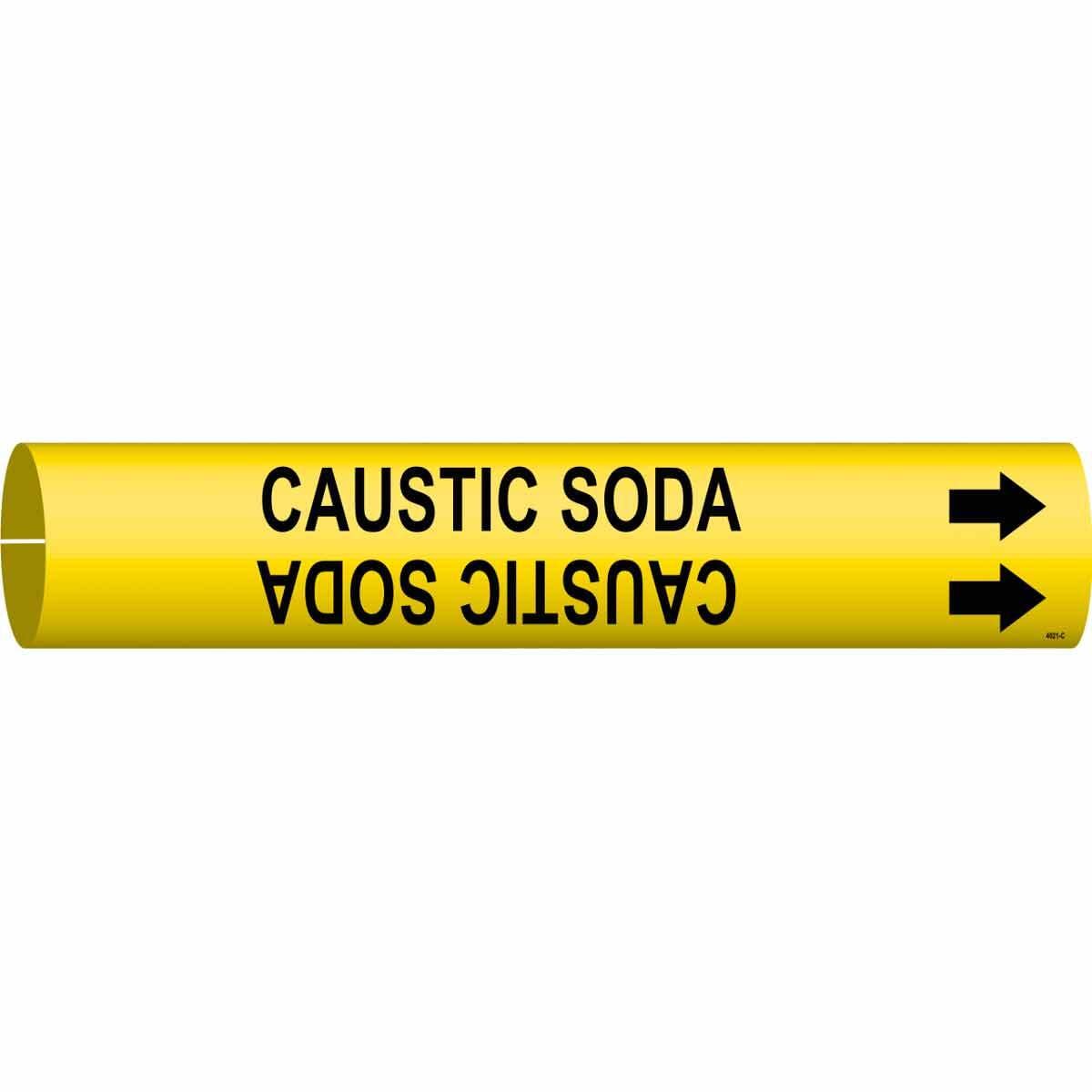 4021-C C Style Pipe and Valve Marker, CAUSTIC SODA with Right Arrow Symbol Legend, Black on Yellow, Fits Pipe Dia: 2-1/2 to 3-7/8 in, 2 in H x 2 in W, B-915 Plastic, Snap-Fit Mount