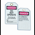 Heavy-Duty Lockout Tag, Economy Vinyl, Do Not Operate Legend, Grommet: Metal, Included: Fasteners, Package: 25/Bag, Exceeds OSHA 50 LB Pullout Requirement