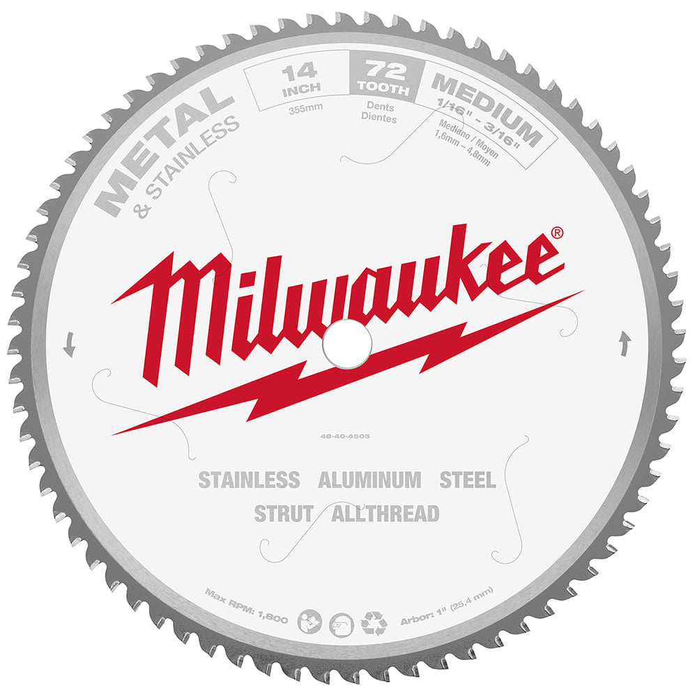48-40-4505 Circular Saw Blade, 14 in Dia x 0.045 in THK, 1 in Arbor, Hardened Steel Blade, 72 Teeth