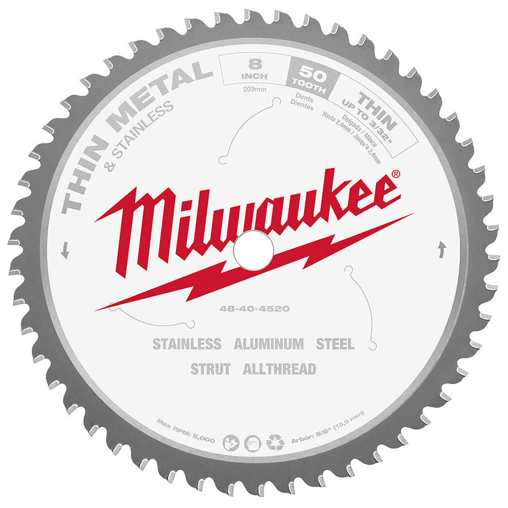 48-40-4520 Circular Saw Blade, 8 in Dia x 0.073 in THK, 5/8 in Arbor, Hardened Steel Blade, 50 Teeth
