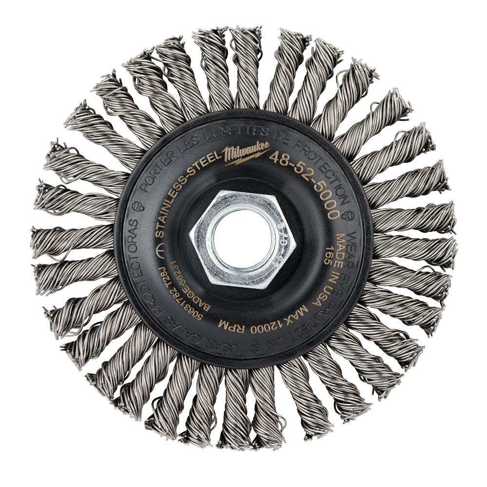 48-52-5000 Wheel Brush, 4 in Dia Brush, 3/16 in W Face, 0.023 in Dia Stringer Bead Knot Filament/Wire, 5/8-11 Arbor Hole