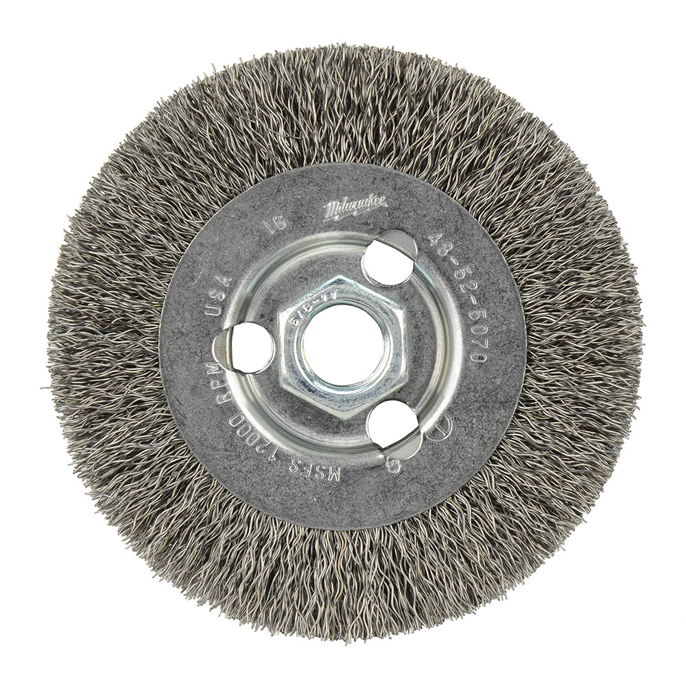 48-52-5070 Wheel Brush, 4 in Dia Brush, 1/2 in W Face, 0.014 in Dia Crimped Filament/Wire, 5/8-11 Arbor Hole