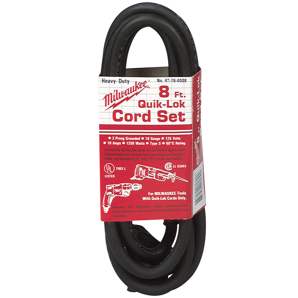48-76-4008 Quik-Lok Extension Cord, 120 V AC, 10 A, 18 AWG, NEMA 1-15P