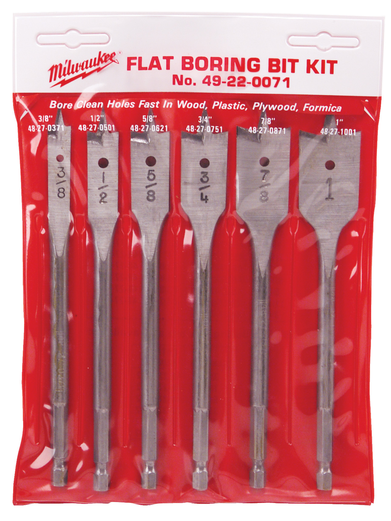 49-22-0071 Universal Flat Boring Bit Set, 6 Pieces, For Use With 48-28-3350 12 in Bit Extension, Carbon Steel