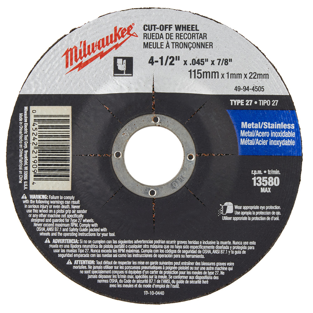 49-94-4505 Type 27 Reinforced Cut-Off Wheel, 4-1/2 in Dia x 0.045 in THK, 7/8 in Center Hole, 60 Grit, Aluminum Oxide Abrasive