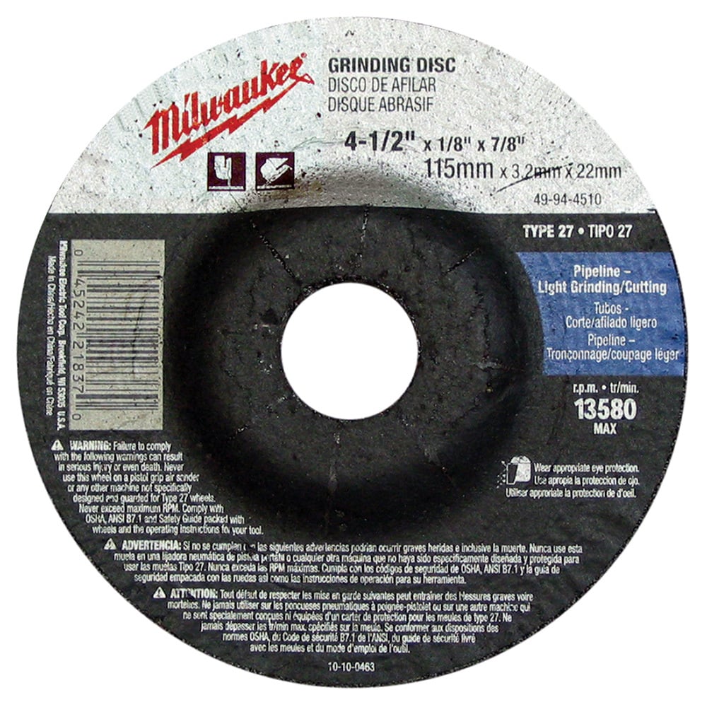 49-94-4510 Type 27 Reinforced Grinding Disc, 4-1/2 in Dia x 1/8 in THK, 7/8 in Center Hole, 30 Grit, Aluminum Oxide Abrasive