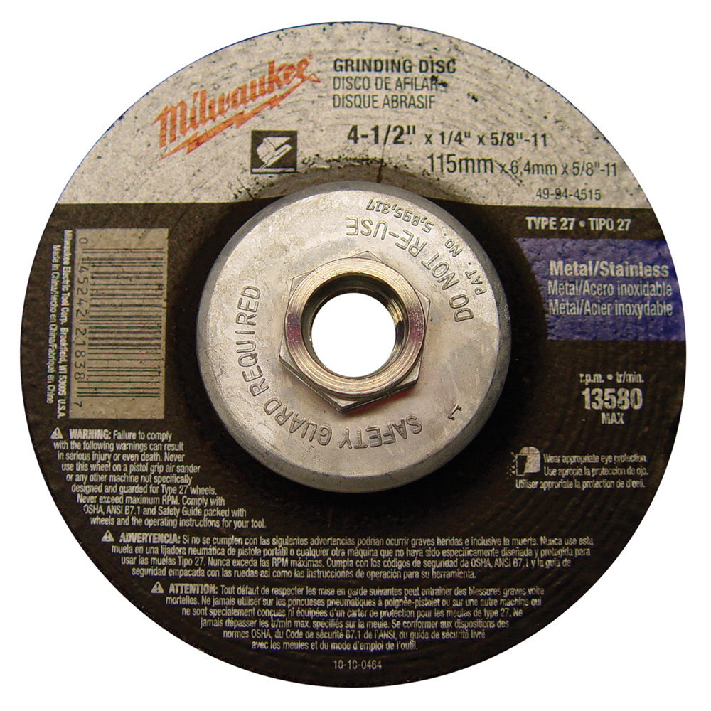 49-94-4515 Type 27 Reinforced Grinding Disc, 4-1/2 in Dia x 1/4 in THK, 5/8-11 Center Hole, 24 Grit, Aluminum Oxide Abrasive