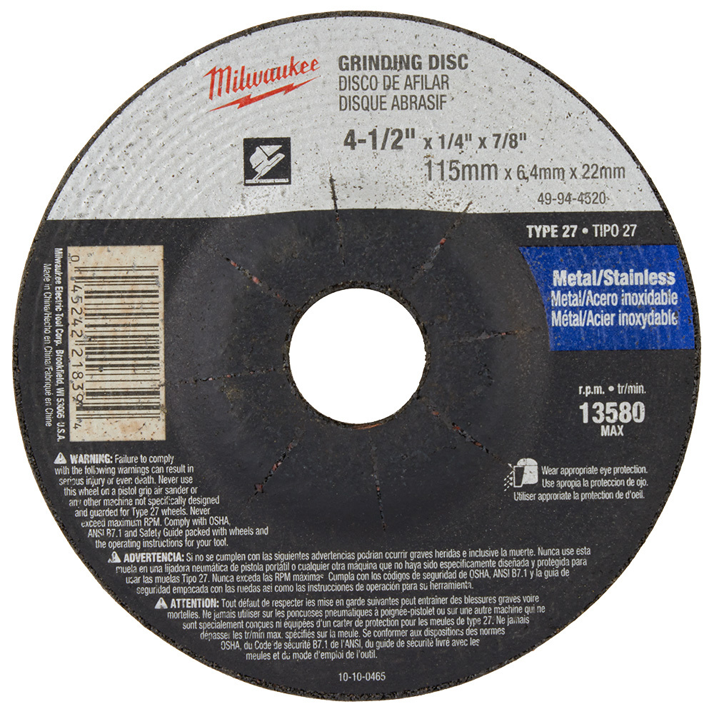 49-94-4520 Type 27 Reinforced Grinding Disc, 4-1/2 in Dia x 1/4 in THK, 7/8 in Center Hole, 24 Grit, Aluminum Oxide Abrasive