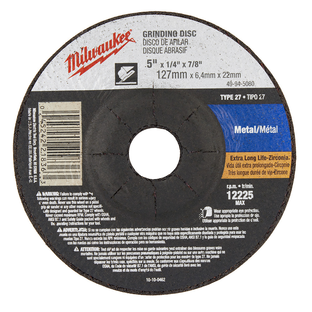49-94-4580 Type 27 Reinforced Grinding Disc, 4-1/2 in Dia x 1/4 in THK, 7/8 in Center Hole, 24 Grit, Zirconia Alumina Abrasive