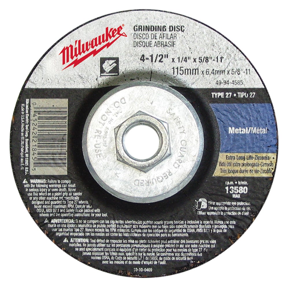 49-94-4585 Type 27 Reinforced Grinding Disc, 4-1/2 in Dia x 1/4 in THK, 5/8-11 Center Hole, 24 Grit, Zirconia Alumina Abrasive