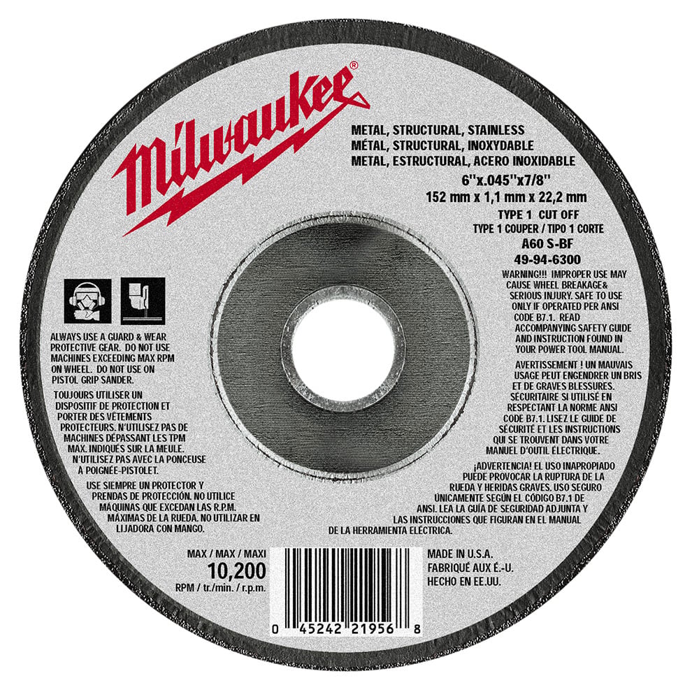 49-94-6300 Type 1 Reinforced Cutting Wheel, 6 in Dia x 0.045 in THK, 7/8 in Center Hole, A60T Grit, Aluminum Oxide Abrasive
