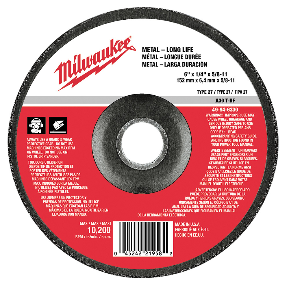 49-94-6330 Type 27 Reinforced Grinding Disc, 6 in Dia x 1/4 in THK, 5/8-11 Center Hole, 24 Grit, Aluminum Oxide Abrasive