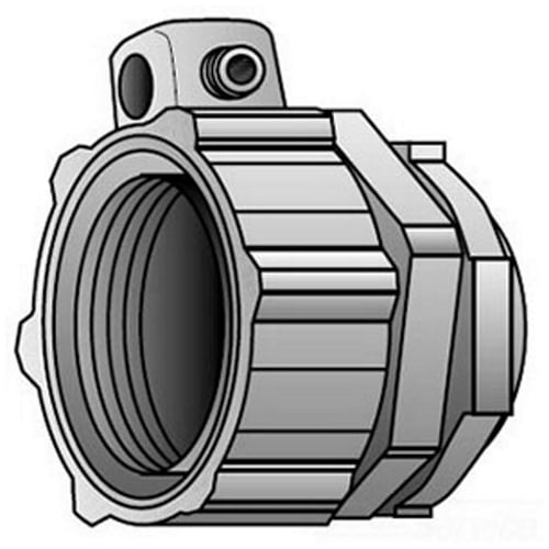 4Q-400LT Ground-Tite Concretetight Liquid Tight Oiltight Positive Grounding Raintight Conduit Connector With Lug and Insulated Throat, 4 in Trade, 1 to 4/0 AWG Cable Openings, Straight, Malleable Iron, Zinc Electroplated