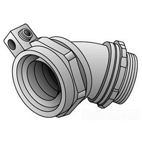 4Q-4100L Ground-Tite Concretetight Liquid Tight Oiltight Positive Grounding Raintight Conduit Connector With Lug, 1 in Trade, 14 to 4 AWG Cable Openings, 45 deg, Malleable Iron, Zinc Electroplated