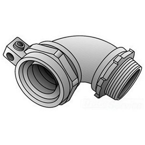 4Q-9100L Ground-Tite Concretetight Liquid Tight Oiltight Positive Grounding Raintight Conduit Connector With Lug, 1 in Trade, 14 to 4 AWG Cable Openings, 90 deg, Malleable Iron, Zinc Electroplated