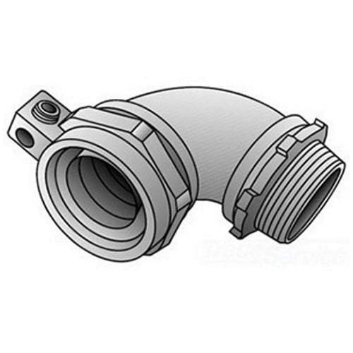 4Q-975L Ground-Tite Concretetight Liquid Tight Oiltight Positive Grounding Raintight Conduit Connector With Lug, 3/4 in Trade, 14 to 4 AWG Cable Openings, 90 deg, Malleable Iron, Zinc Electroplated