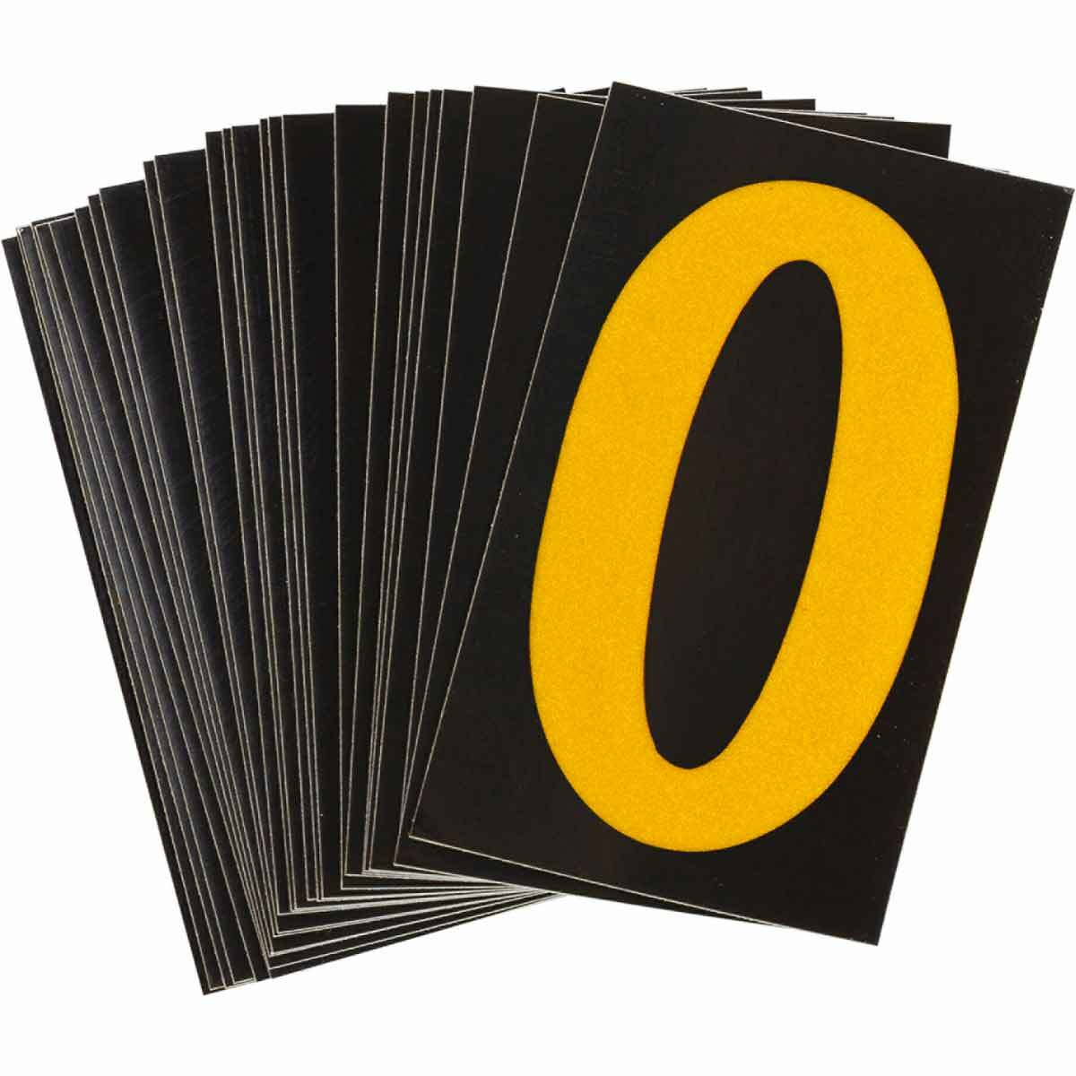 5000-0 Engineer Grade Reflective Number Label, Yellow 0 Character, 2-1/2 in H, Black Background, B-997 Retroreflective Sheeting