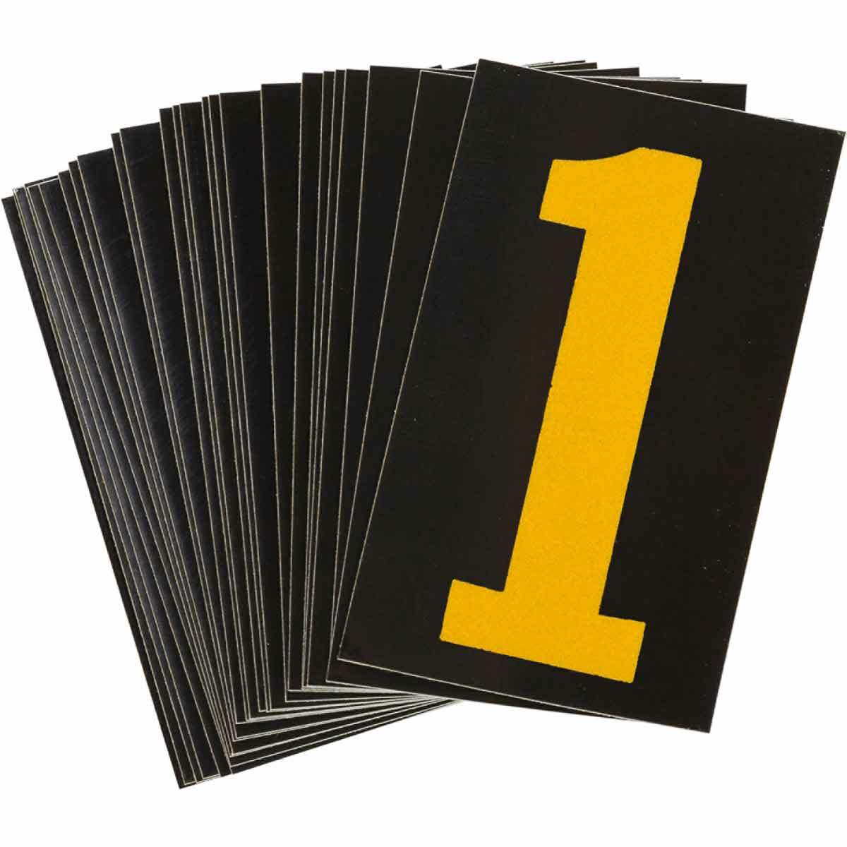 5000-1 Engineer Grade Reflective Number Label, Yellow 1 Character, 2-1/2 in H, Black Background, B-997 Retroreflective Sheeting