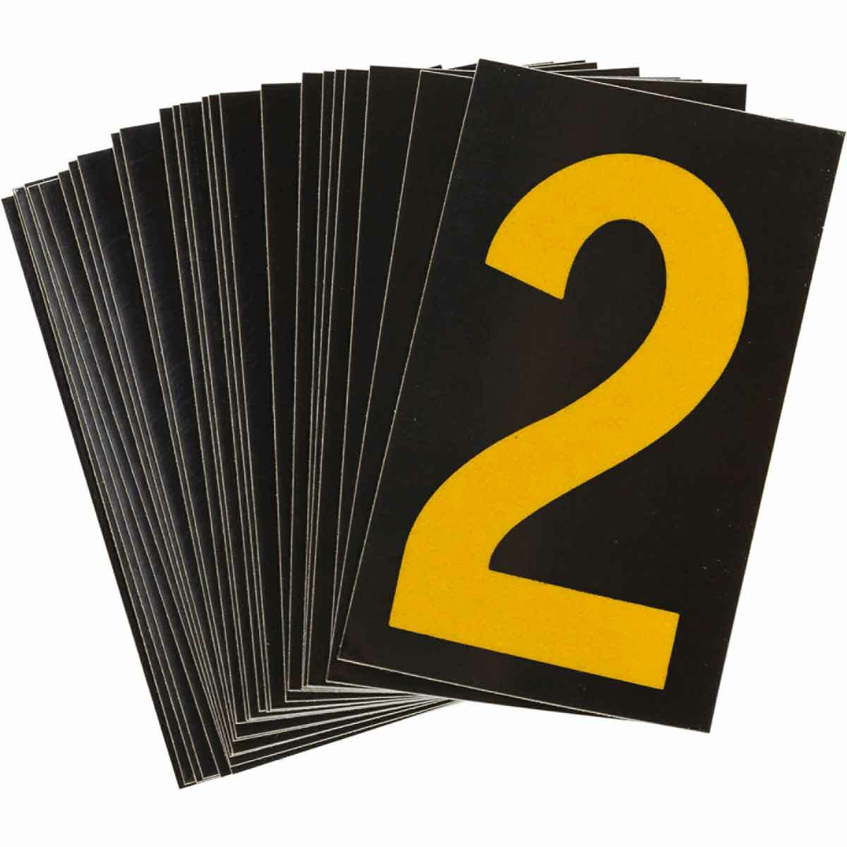 5000-2 Engineer Grade Reflective Number Label, Yellow 2 Character, 2-1/2 in H, Black Background, B-997 Retroreflective Sheeting