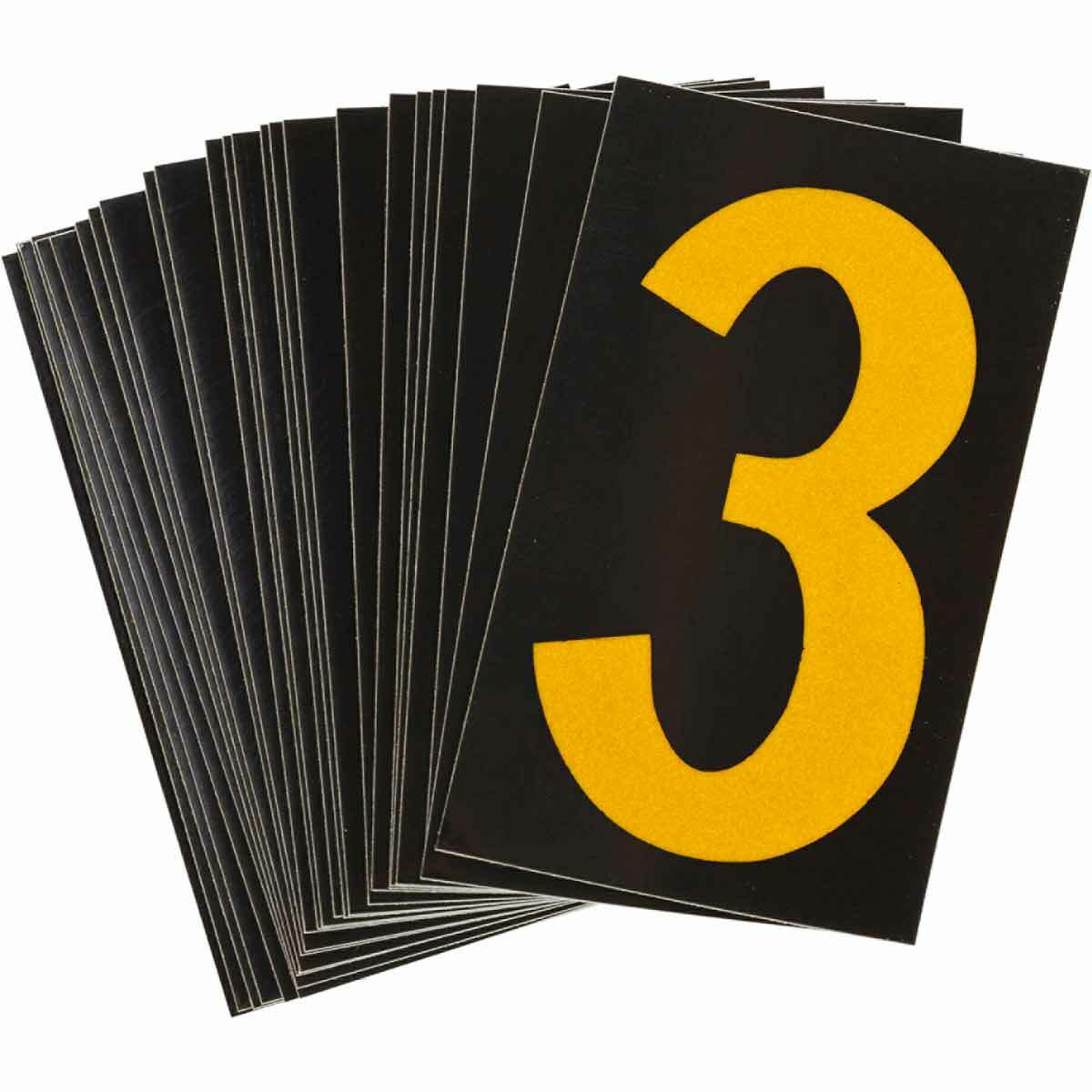 5000-3 Engineer Grade Reflective Number Label, Yellow 3 Character, 2-1/2 in H, Black Background, B-997 Retroreflective Sheeting
