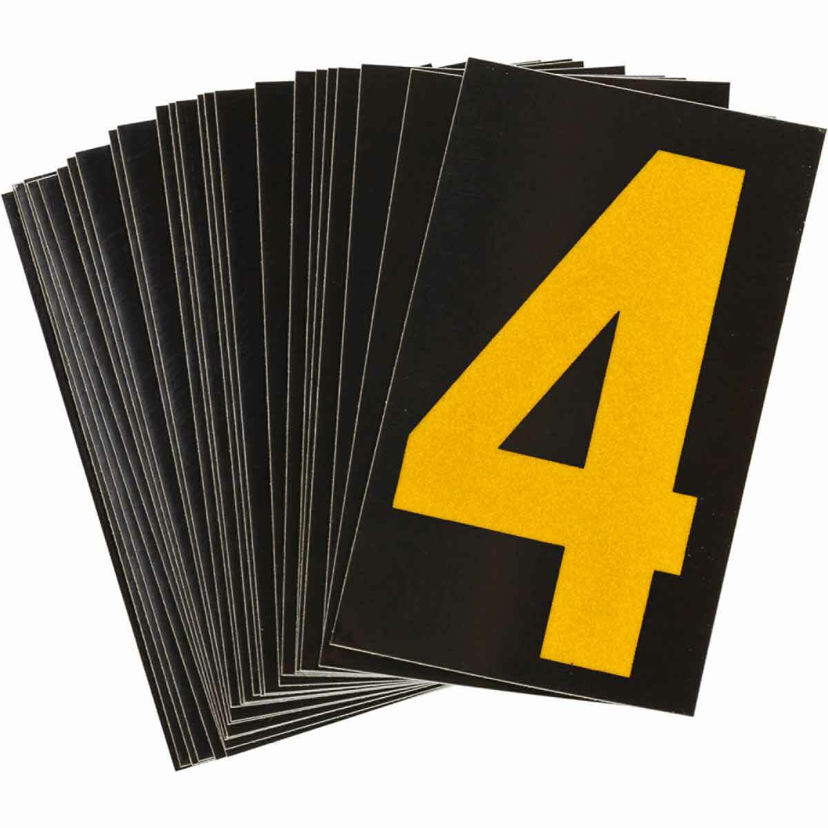 5000-4 Engineer Grade Reflective Number Label, Yellow 4 Character, 2-1/2 in H, Black Background, B-997 Retroreflective Sheeting